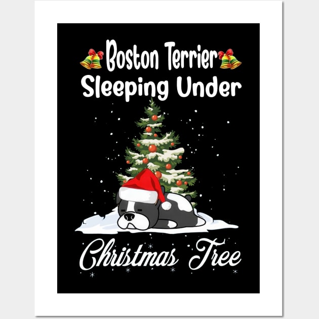 Boston Terrier Sleeping Under Christmas Tree Funny Xmas Wall Art by PlumleelaurineArt
